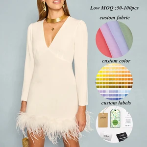 Factory New Design Fashion v Neck Women Elegant Dresses Custom Feather Trims Ladies Long Sleeve Formal Dress