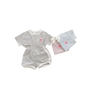 Korean Baby Clothing Pure Cotton Casual Striped Smiling Short-sleeved Shirt and Shorts Set Ins Baby Summer Loose Two-piece Set
