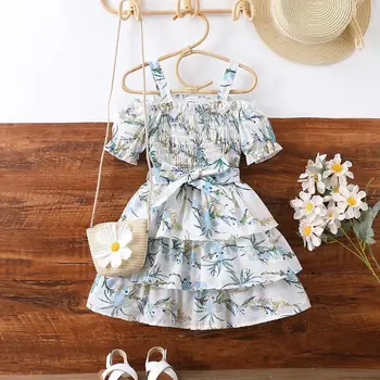Summer girls dress sling princess cake embroidered printed dress puffed sleeves beach dress wholesale