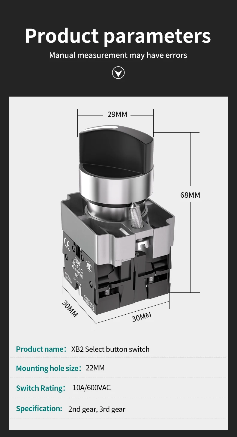 22mm XB2 Brass 1NO 2NO 1NO1NC 2/3 Position Self Locking Self Resetting 10A 660V Selector Knob Rotary Push Button Switch