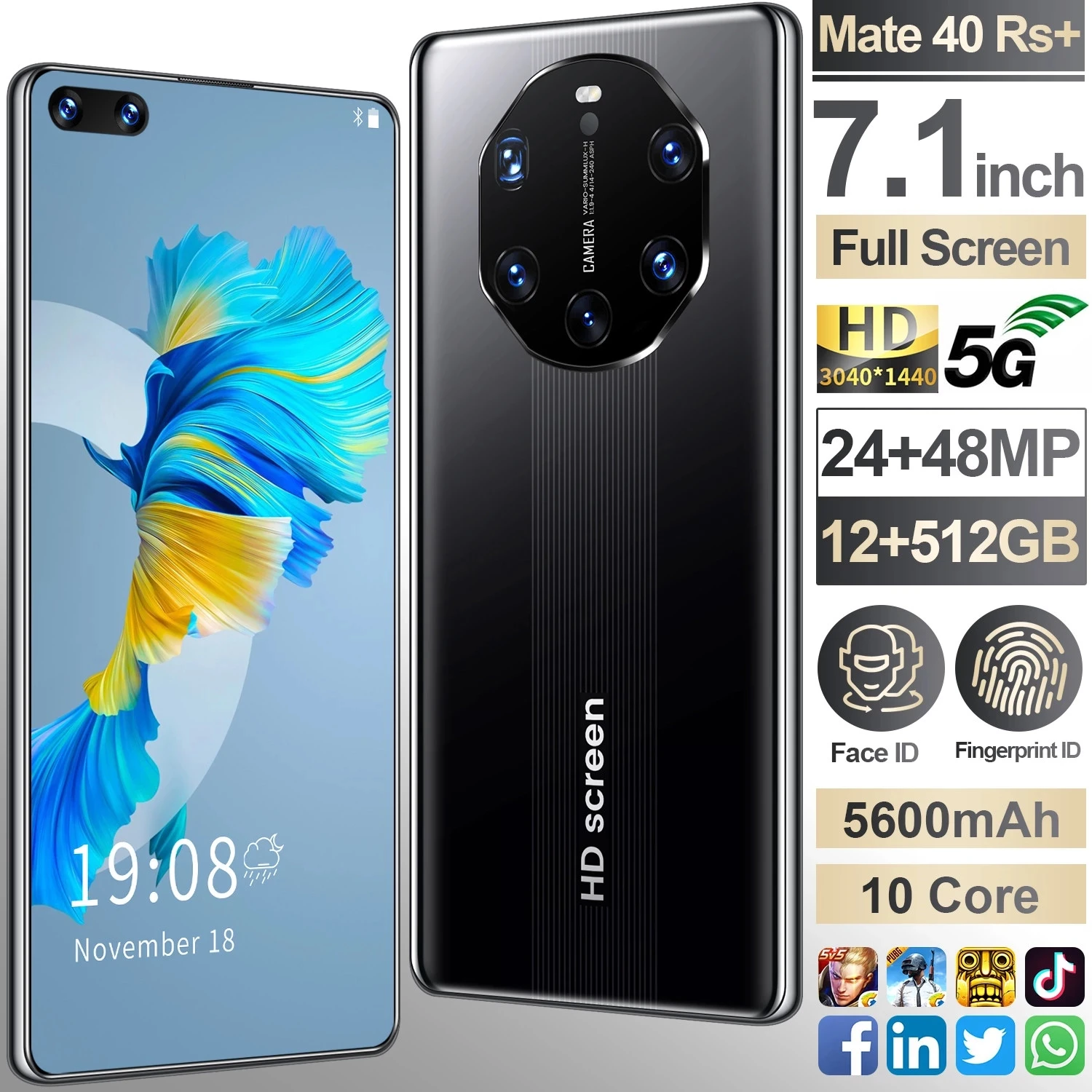 
 Мобильный телефон Mate40 RS 5,8 дюйма 5G LET, пять камер, Android смартфоны MTK6889Ultra, моноблок, две SIM-карты, мобильный телефон 12 + 512 Гб  
