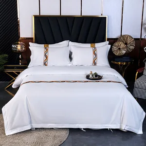 Custom 100% White Cotton Hotel Bed Linen Sheet 200tc-1000tc Embroidered Bedding Sets 4 PCS Woven Duvet Cover for 5 Star Hotel