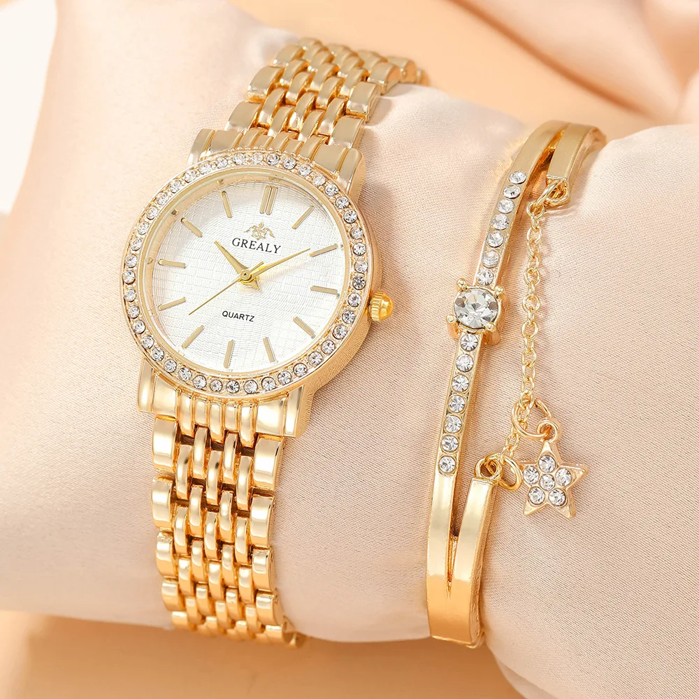 Gold Plated Zircon Wrist Watch Set with Bangle for Girl Women