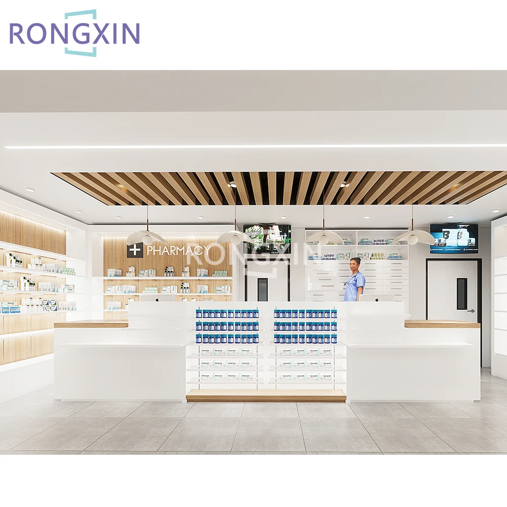 Customized Pharmacy Medicine Display Shelf Wooden Pharmacy Display ...