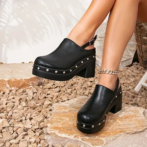 Sandals Women's Thick Heel New Anti slip Ladies' Middle High Heels Fashion Black Rivet Women's Height Increasing Sandals