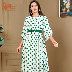 Women Long Sleeve Puff Sleeves Polka Dots Lady Elegant Loose Dress