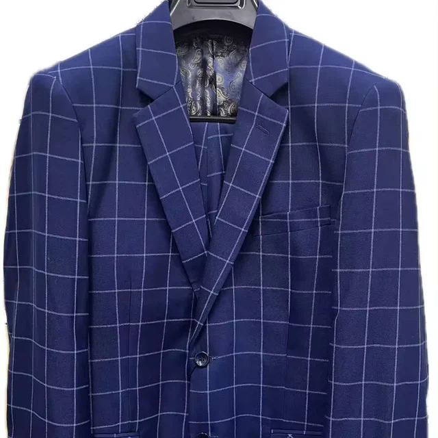 2024 OEM ODM Customization Men's navy plaid 2pcs suits polyester Men MTM  business Luxury suits plaid blazer Men's dress suits