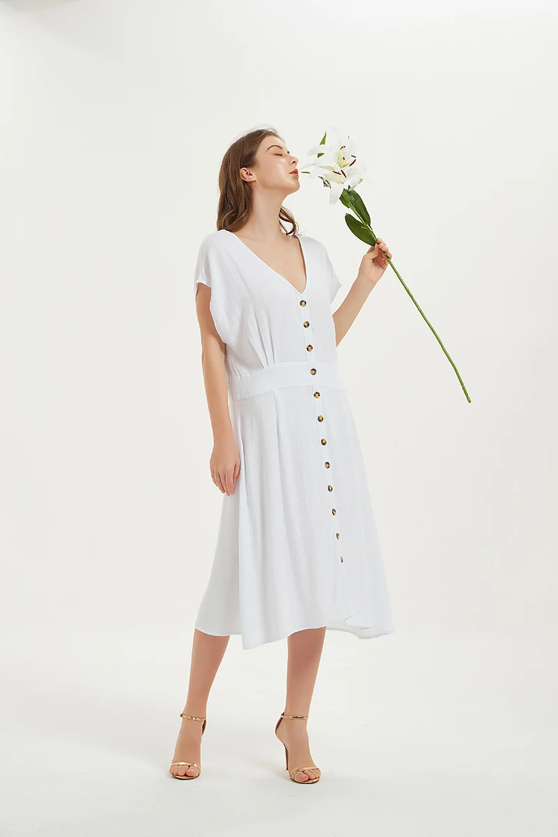 Short Sleeve Plain V Neck Midi White Loose Women's High Quality Linen