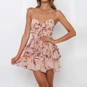 Custom Women's Floral Print Tie Shoulder Strap Ruffle Trim Tiered Chiffon Mini Dress Breathable