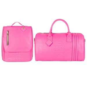 Custom Logo Luxury Croc Leather Neon Pink Women Duffel Weekender Travel Bag and Backpack Set