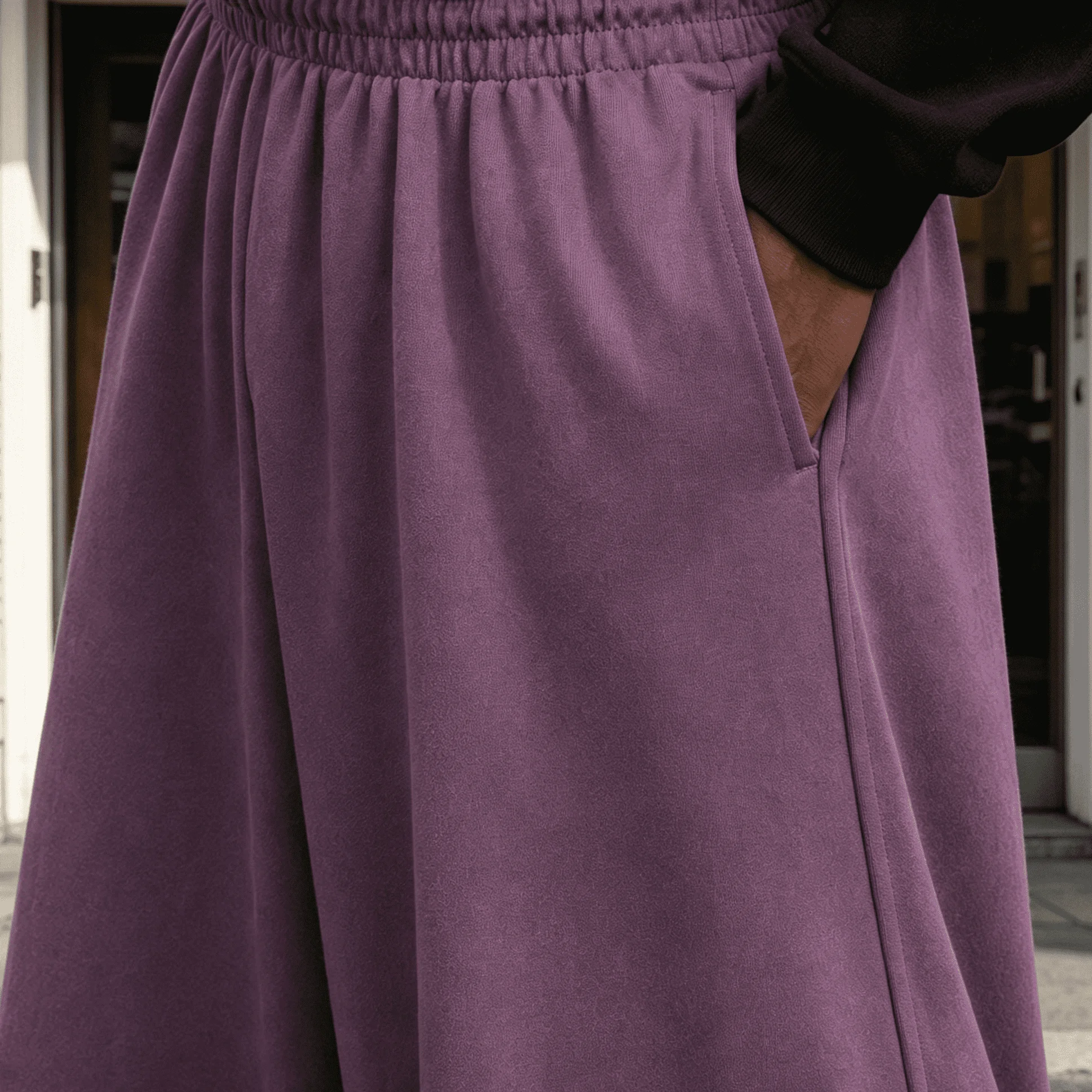 Wholesale Custom Logo Purple Cotton Wide Leg Culotte Shorts Elastic Waist Loose Fit Streetwear Fashion Unisex Wide Leg Shorts gallery 4
