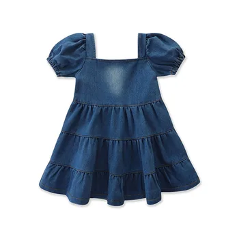 Wholesale new arrive spring little girls clothes kids boutique dress denim flutter sleeve baby girls dress