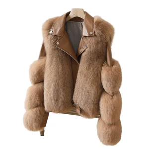 Autumn Winter Casual Motorcycle Jacket Zipper Thick Sheep Leather Fox Fur Collar Trim Cotton Filled Polyester Lined Hot Sale