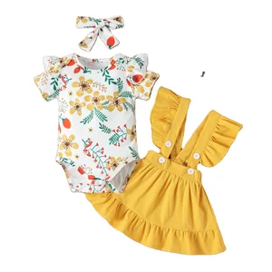 2022 Summer Infant Girls Clothes Sets Short Sleeve Floral Printed Romper Ruffle Suspender Short Skirt 3Pcs Baby Outfits