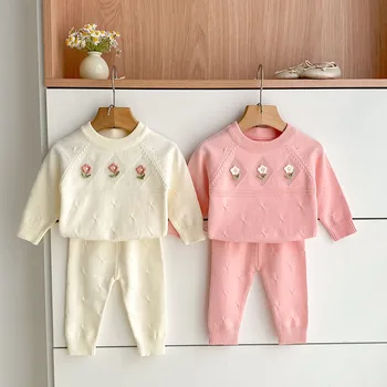 Autumn Fashionable New Korean Casual Style Baby Girls' Two-Piece Suit Small Fragrant Style Knitted Top + Pants Baby Suit