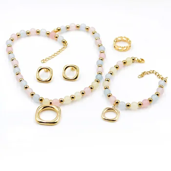 AFXSION Dubai gold jewelry semi gem crystal Beaded Bracelet Stainless Steel Jewelry Set Earrings Ring Bracelet Necklace
