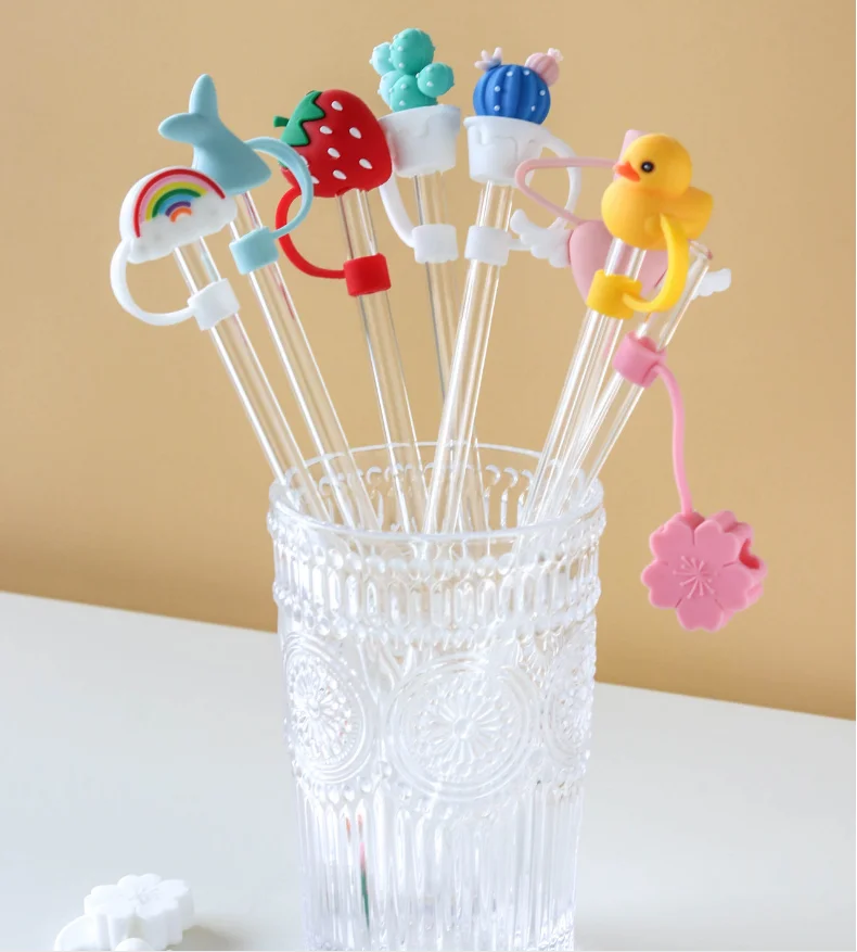 Cute Cartoon Love Flower Straw Cover, Reusable Dustproof Silicone