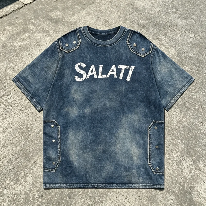 Custom Summer 100% Cotton Distressed Short-Sleeve Silk Screen T-Shirt Embroidery Rhinestones Vintage Stone Wash Studs Men's gallery 7