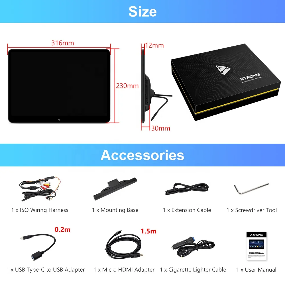 XTRONS 14" IPS Screen Android Car Back Seat Monitor 4+64GB 4K UHD Headrest Monitor Car TV Portrait Mode Car Monitor