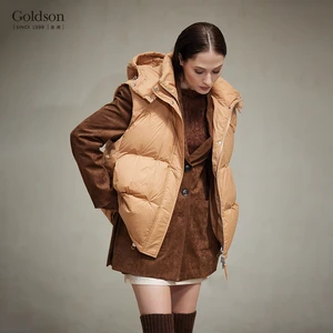 Women's Camel Hooded Down Vest | Sleeveless Waterproof Windproof Winter Outerwear with Nylon Lining and Front Logo