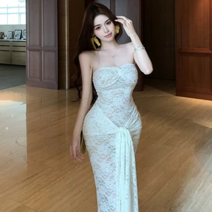 Women's Elegant Summer Sexy Tight Fit Solid Color Strapless Floor Evening Dresses New Fashionable Ladies' Clothing