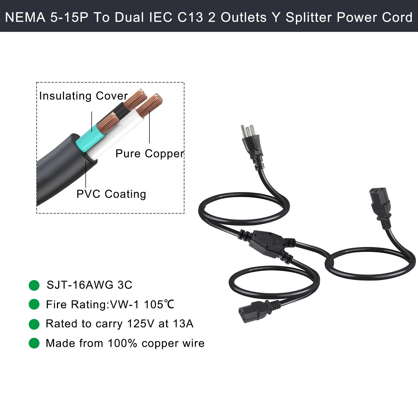 14 Awg Dual Splitter Cable Nema 515p Usa 3pin Plug Male To Iec 2x C13 ...