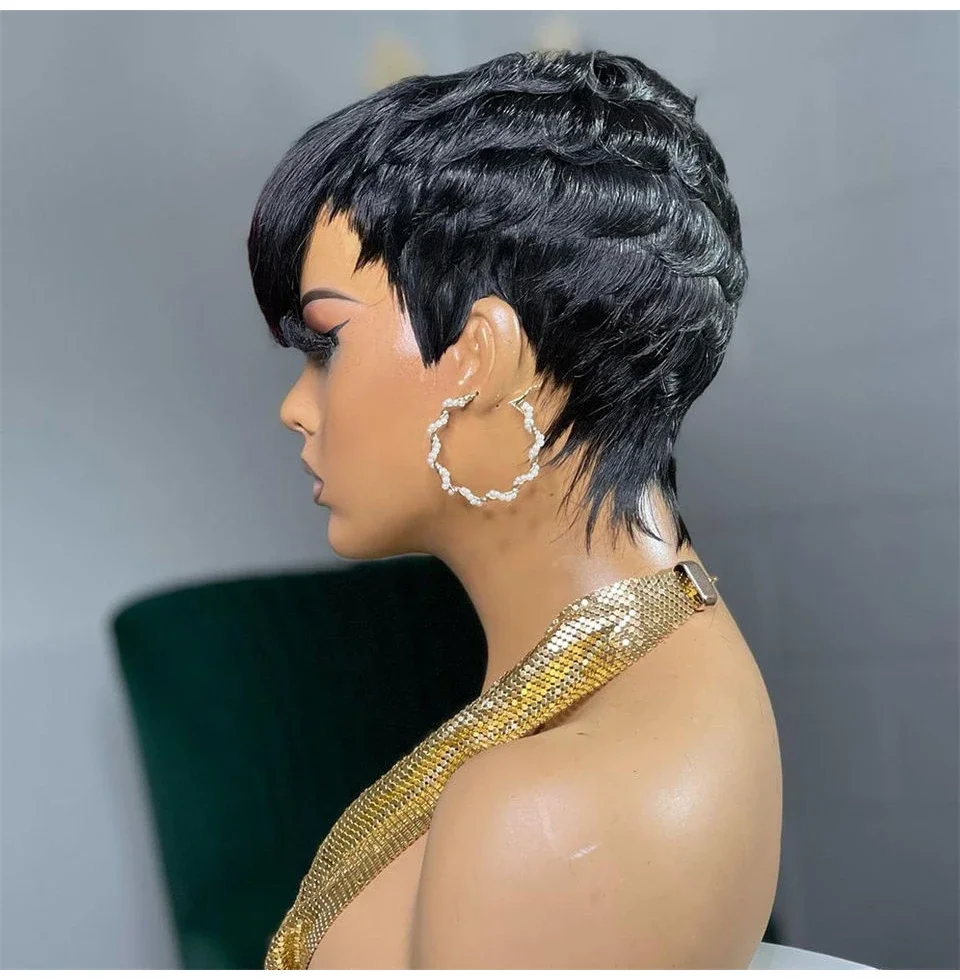 Human Hair Pixie Cut Wig With Highlights Blonde Green Bob Style_voghion.com