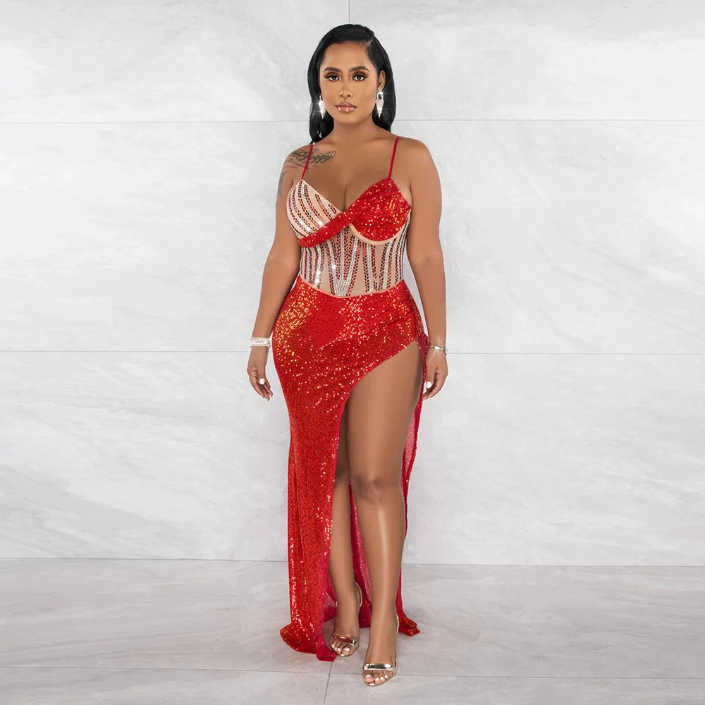 CY900305 Sexy Evening Dress Woman Lady Elegant Sequined Party Dresses  Transparent Fitness Wear Side High Slit Club Wear