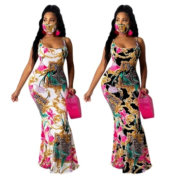 fashion summer sleeveless bohemian mermaid floral leopard printed long maxi dress women
