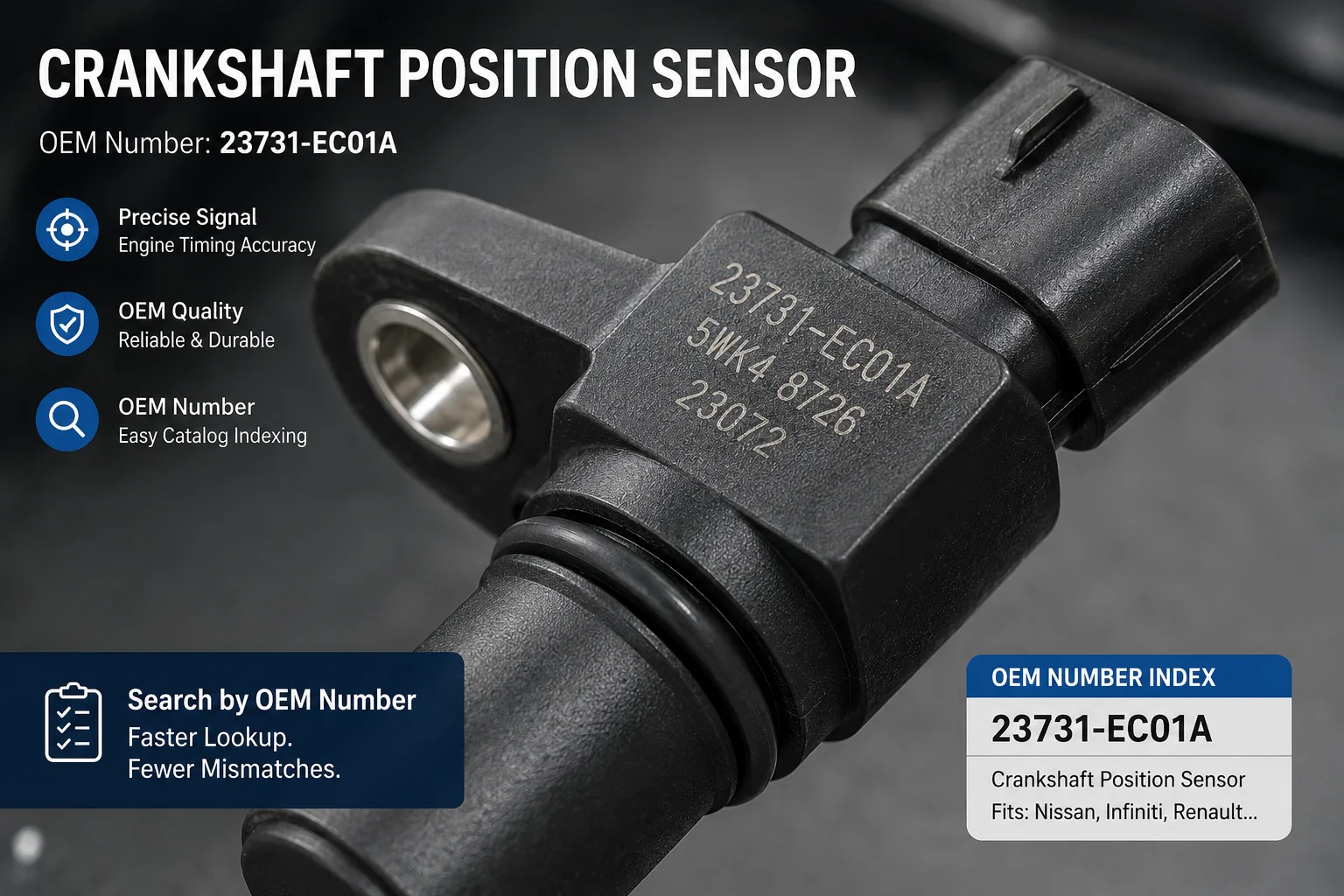 OEM number stamped on a crankshaft position sensor for catalog indexing