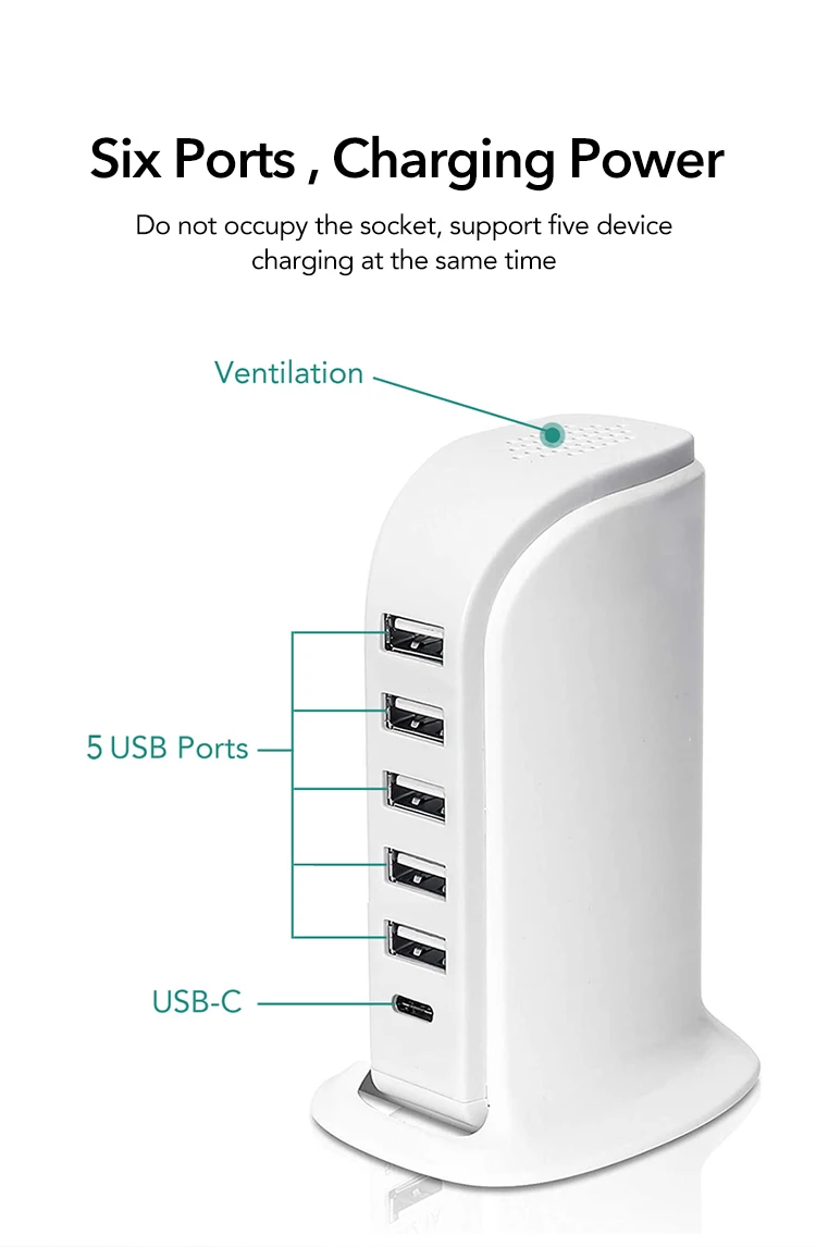 Ready Stocks 40w 6 Port Pd Wall Charger Usb Charging Station Multi