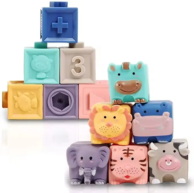 Soft Stacking Building Blocks Teething Cups Toys Silicone Stacking Blocks Rings Baby Sensory Toy for Infants Toddler and Kids