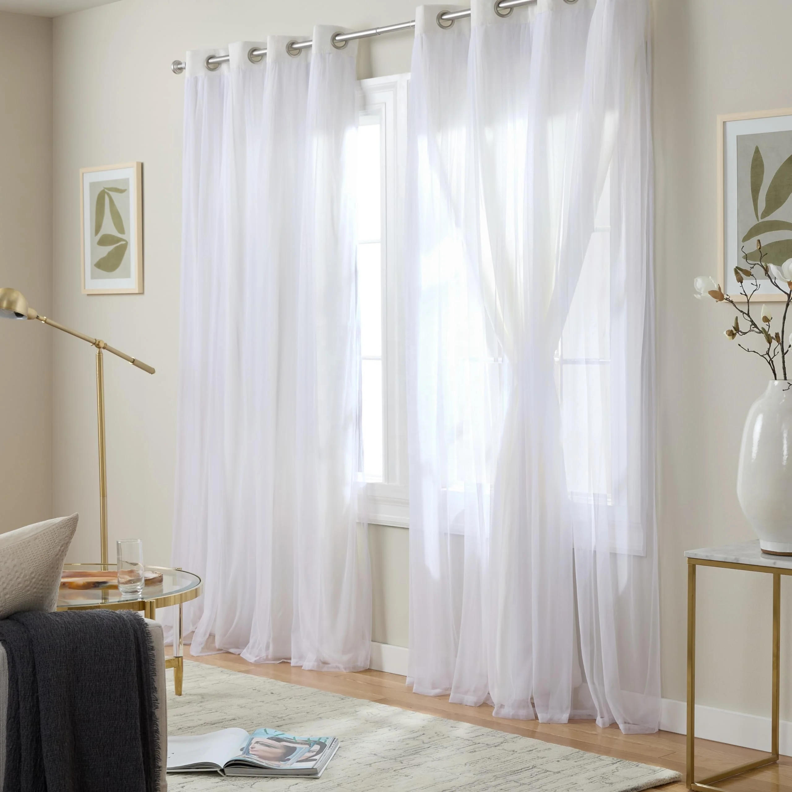 Bindi Luxury Double Layered Blackout and Sheer Grommet Top Curtains Sound Proof Voile Room Darkening Voile Curtains & Valances