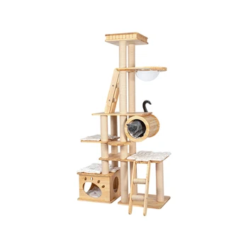 Pot Wooden Cat Tree High-Quality Pine Wood, Combining a Cozy Cat Nest and Multi-Level Scratching Platforms