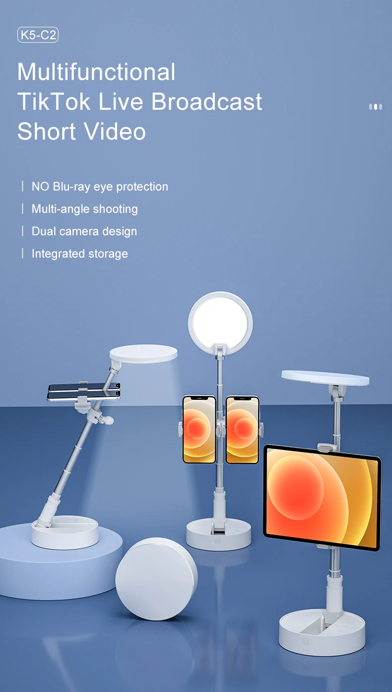 Live Video Recording LED Ring Light Adjustable Phone Stand Selfie Fill Light Foldable Desktop Lamps 3600mAh Battery