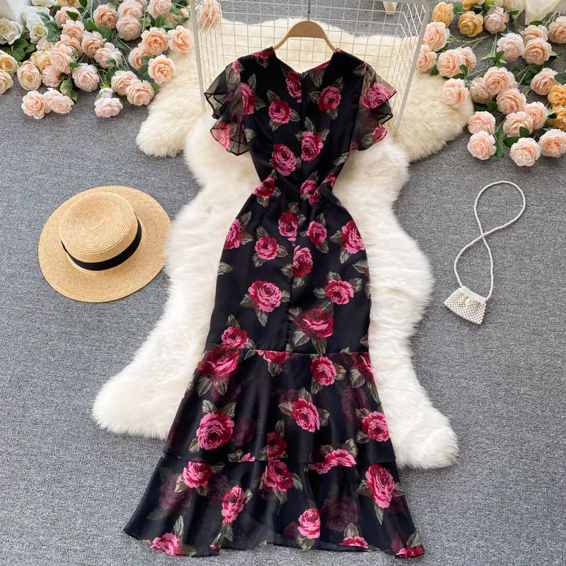 Casual Floral Mermaid Maxi Dresses Women's Summer Clothing Chiffon Short  Sleeve Long Dress Women Lady Elegant