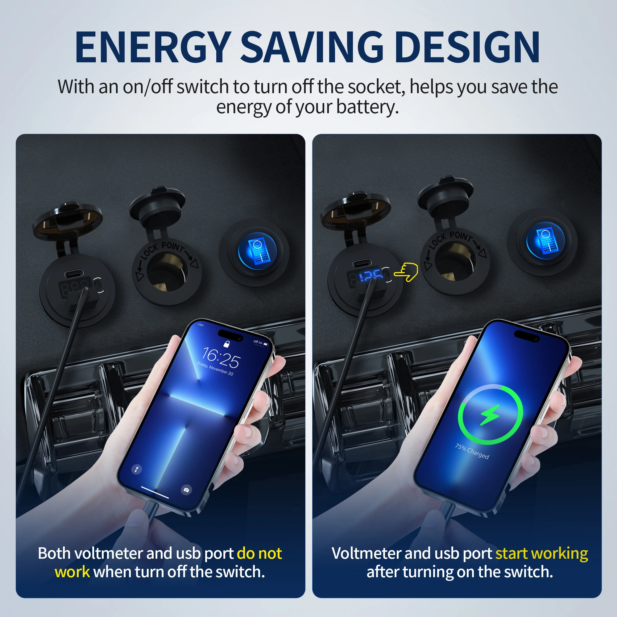 60W PD Type C/QC 3.0 USB Charger With Button Switch LED Voltmeter Power Outlet Fast Charging For 12V 24V Car Truck Motorcycle RV - View #2