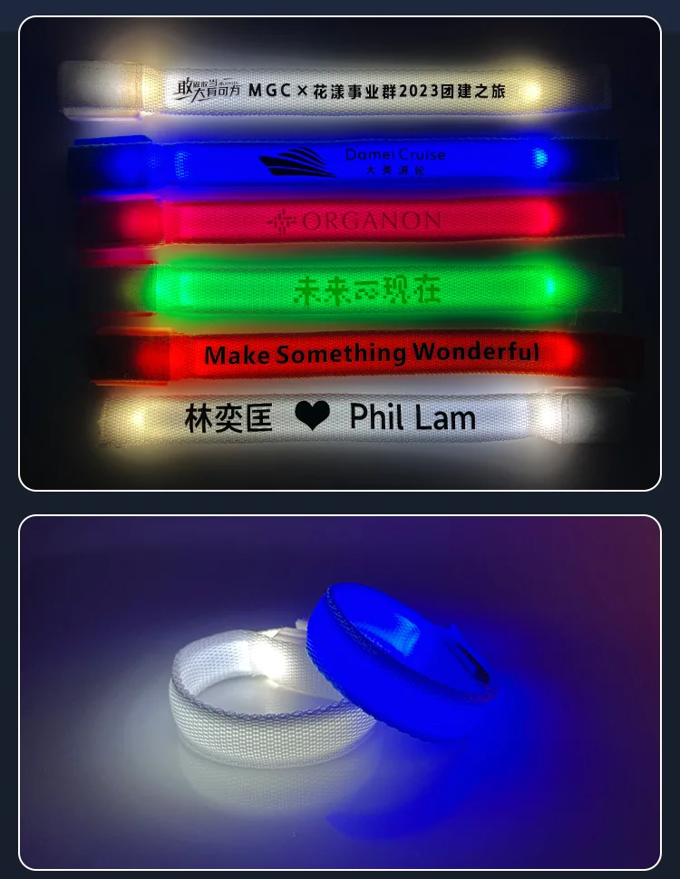 Seven colors in stock customizable patterns bracelet led bracelet concert rechargeable led light wristband