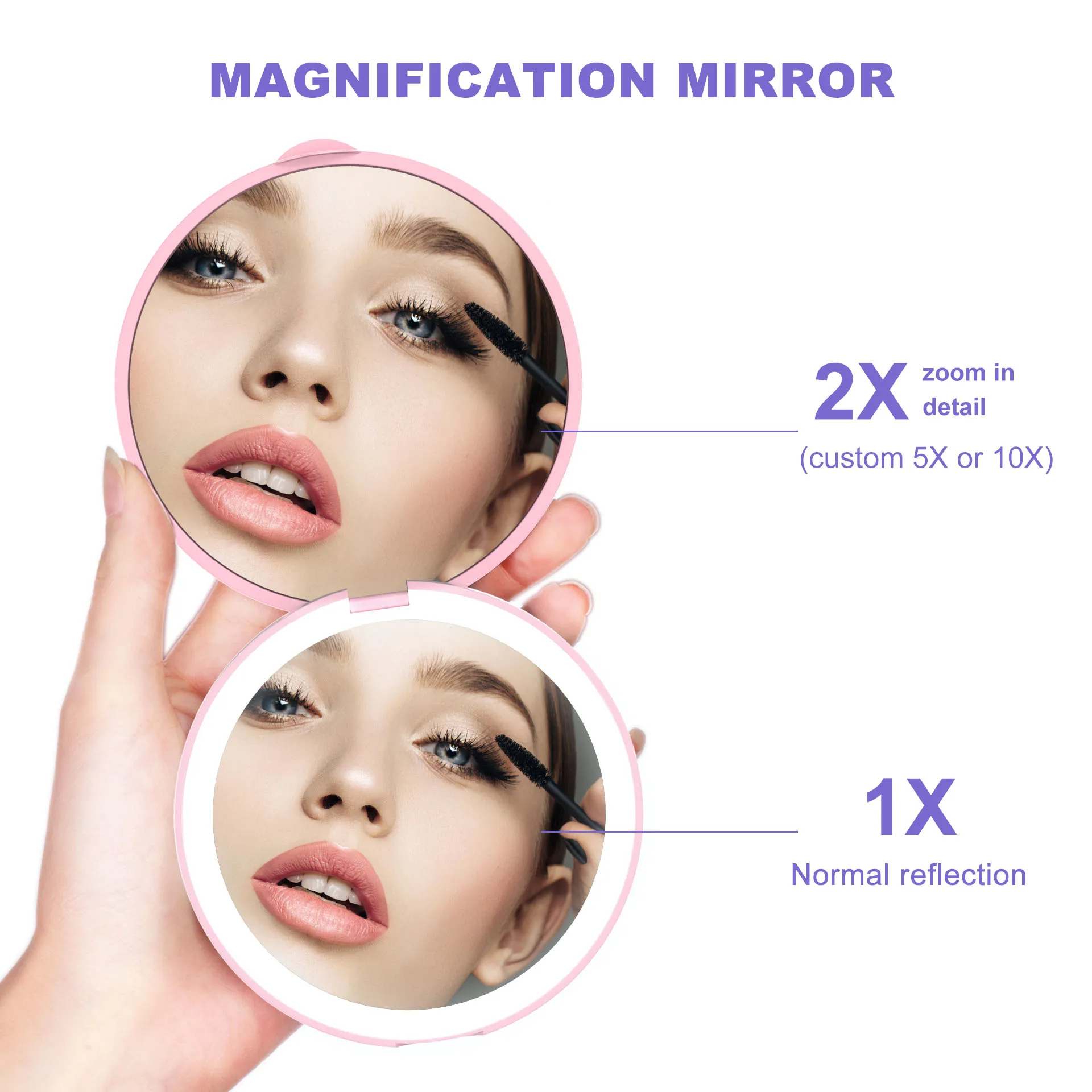 Custom 1X 2X Magnification Pink Cute LED Light Pocket Purse Hand Portable Folding Small Mini Makeup Mirror