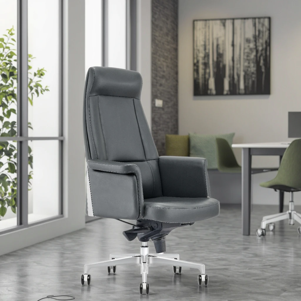 Top Grain Leather Executive Chair Frosted Alloy Base Quadruple Locking Mechanism High-End Decor 5
