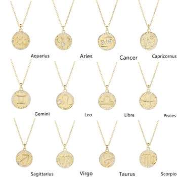 Trendy fashion Jewelry 925 sterling silver 18K gold plated Zircon zodiac coin necklace womens