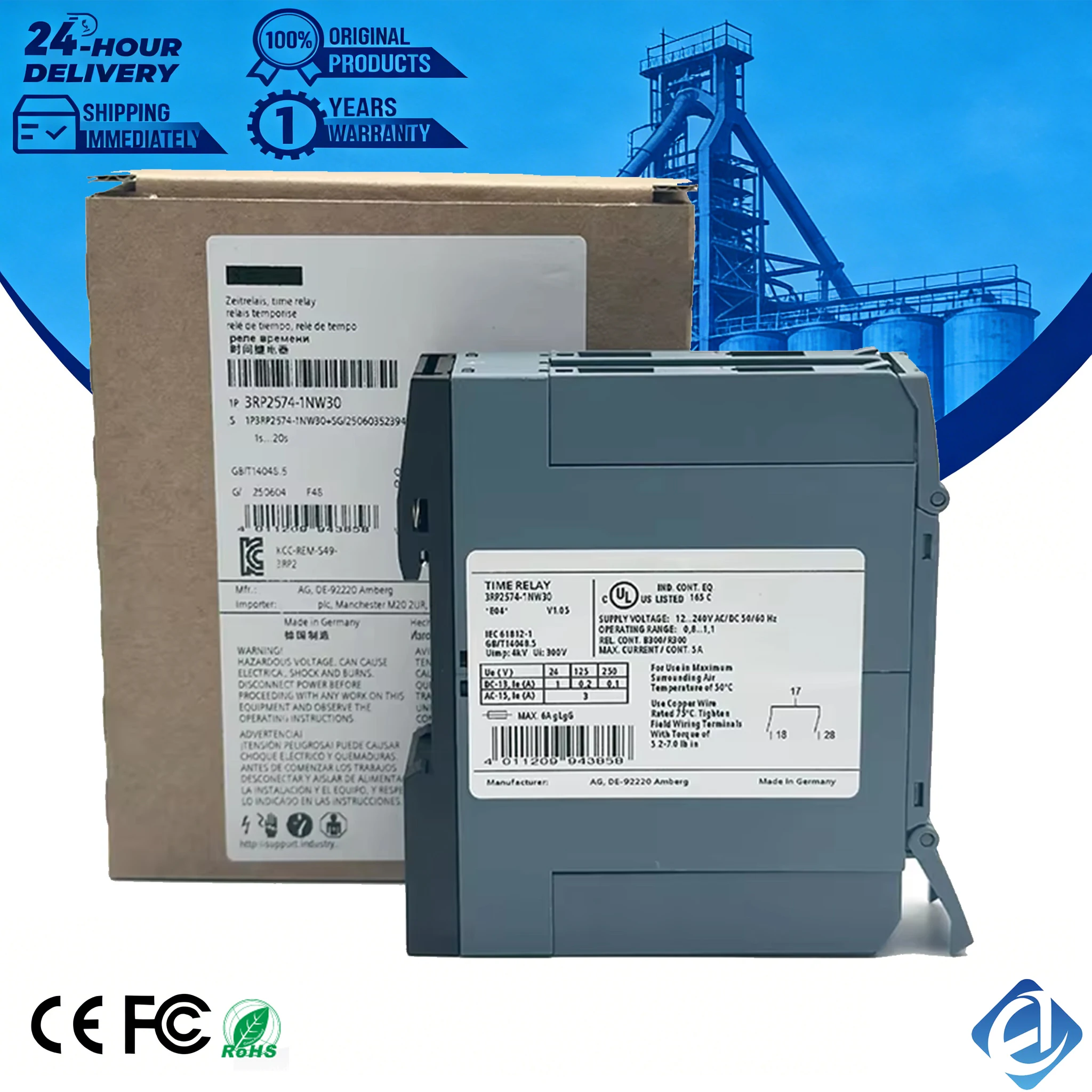 Brand New Original 3RP2574-1NW30 Siemens time relay, multi-function delay control, wide voltage supply, high timing accuracy and stable performance. Used for sequential control,