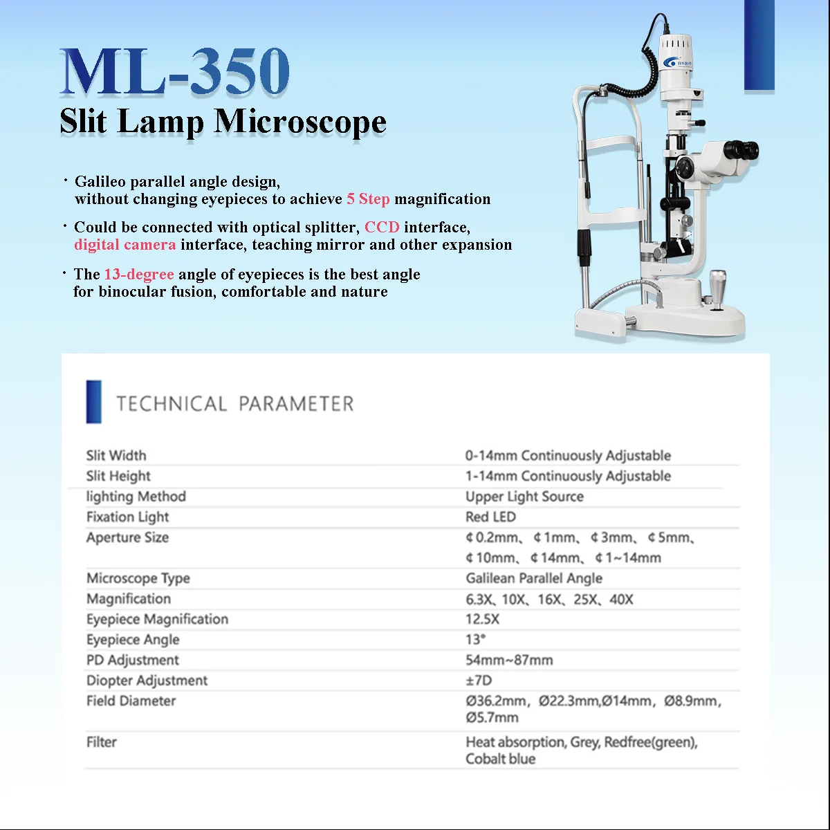 Mocular Slit Lamp Ophthalmic ML-350 Ophthalmology Equipment 5 Step LED Slit Lamp for Sale