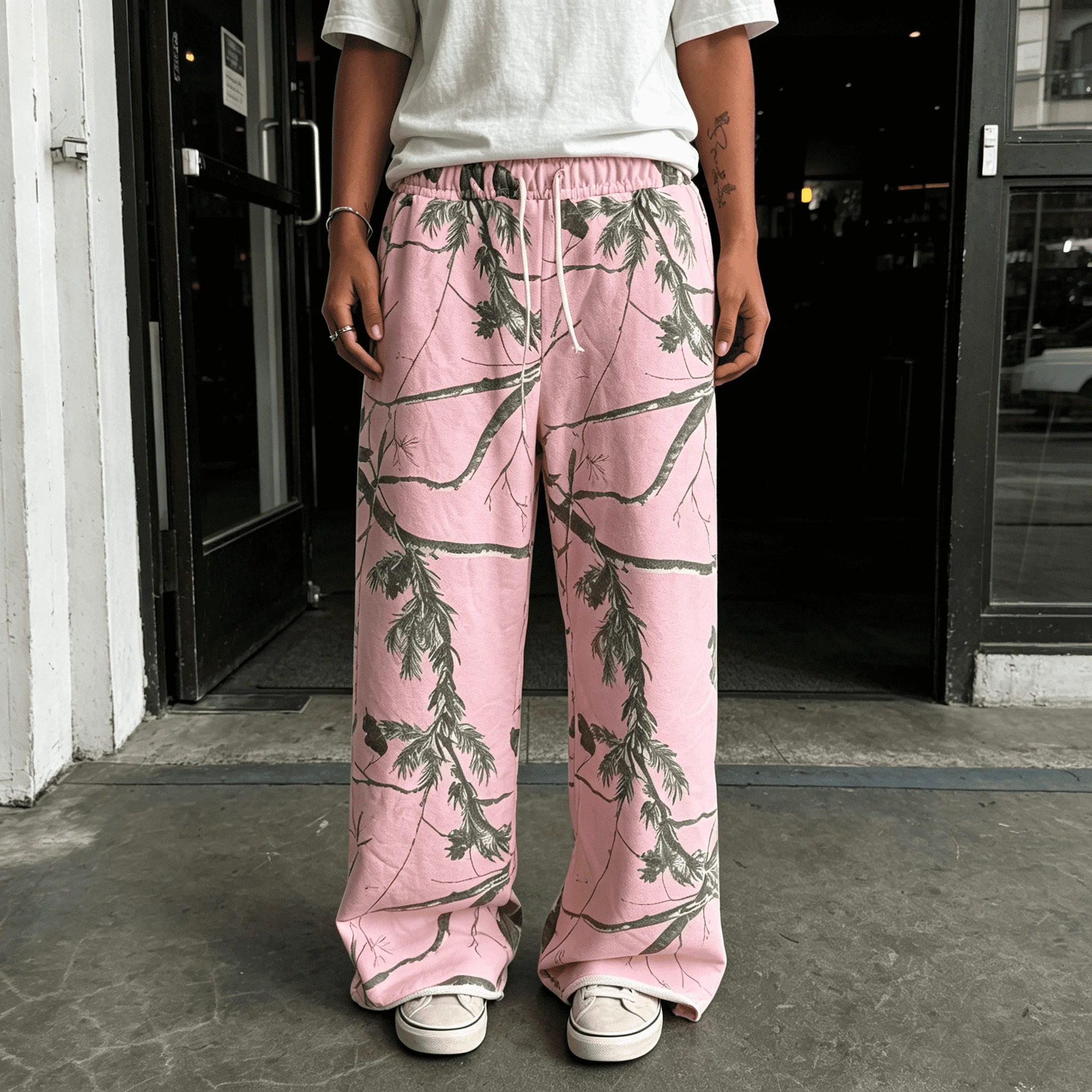 Custom Pink Real Tree Camo Cropped Hoodie and Sweatpants Two Piece Streetwear Tracksuit for Men gallery 5
