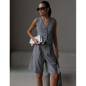 Woman Solid Waistcoat Shorts Set Sleeveless V Neck Buttons Vest Top + Zipper Pockets Commute Elegant Female Short Pant Sets