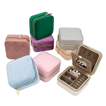 Wholesale Zipper Jewelry Organizer With Mirror Portable Square Velvet Storage Box Necklace Earrings Ring Packing Display Box