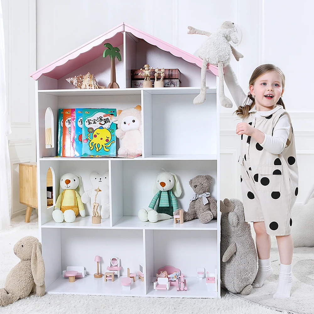 Custom Kids Wooden DIY Bookshelf Doll Houses New Educational Furniture  with Pink Roof Toy for Babies Children