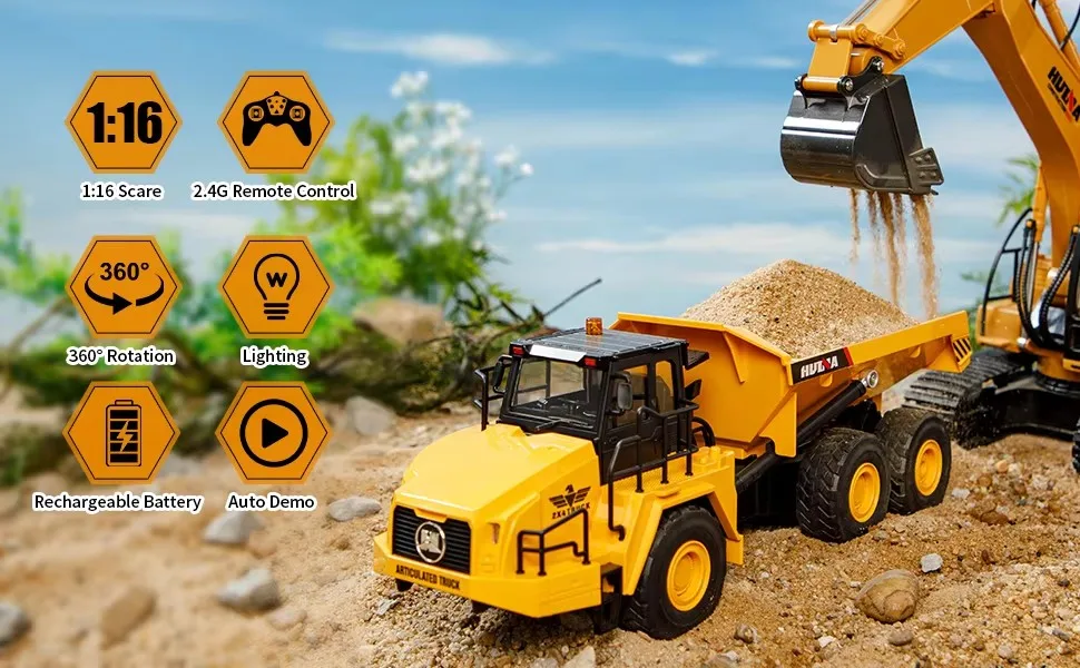 Huina 1553 Engineering Truck 1/16 11CH 2.4G Electric Sound and Light Alloy Metal Dump Car RC Die-cast Radio Control Model Truck