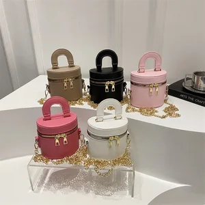 Wholesale Dual Zippers Small Mini Cylindrical Bag Ladies Top Handle Barrel Handbag Chain Shoulder Bag for Women
