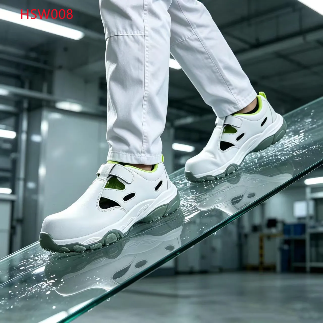 XYM,Philippines Hollow-out Design Hua Singh White Safety Shoes Cleanroom ESD Work Clogs with Fluorescent Green Lining HSW008